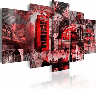 Schilderij - Londen collage, Rood, 5luik, premium print
