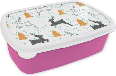 Broodtrommel Roze - Lunchbox - Brooddoos - Hert - Patroon - Boom - 18x12x6 cm - Kinderen - Meisje