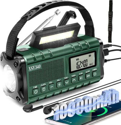 Draagbare Noodradio met Handcrank en Zonne-energie - AM/FM/WB NOAA Weeralarm, Oplaadbare 10000mAh Batterij, LCD Klok, LED Zaklamp & Leeslamp, SOS Survival Radio
