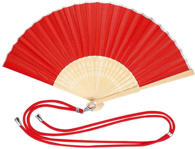 Bellatio Design Spaanse handwaaier - rood - bamboe/polyester - 38 x 21 cm - met nekkoord - festival waaier
