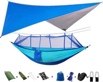 Hangmat met Klamboe - Kampeerbed Schommel - Buiten Ontspannen - Regenbestendig Nylon - 260x140 cm - Blauw