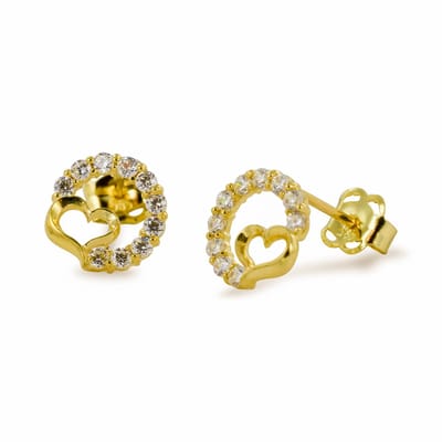 New Bling 9NBSAM-G210419 Gouden Oorknopjes - Dames - Hartjes - Cirkel - Zirkonia - 7,3 x 7,6 mm - 14 Karaat - Goud