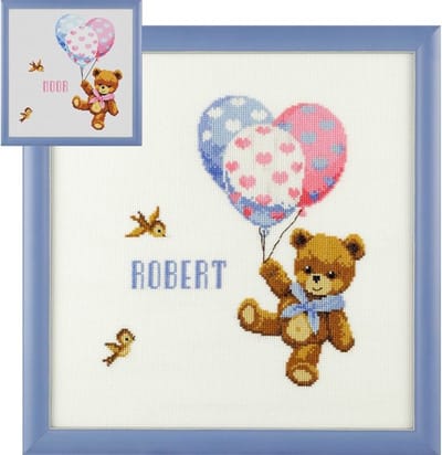 Pako Borduurpakket geboorte- telpatroon met codekaart - Beertje met ballonnen geboortetegel - 225.284 - voorgesorteerd garen - Aida- 20 x 23 cm - DIY kit