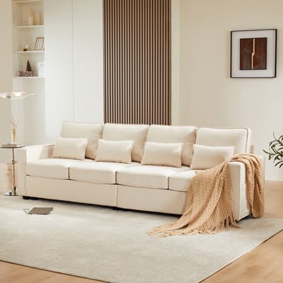 Gutent Sofa, Linnen Stof, 4-zitsbank met Armleuningen, Zakken en 4 kussens, Minimalistische bank, Beige