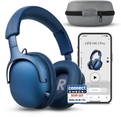 MEDION Over Ear koptelefoon HX-1 Pro (draadloos, hybride actieve ruisonderdrukking ANC, Bluetooth 6.0, 7+1 EQ-presets, tot 190 u batterijduur, spatwaterdicht IPX4), blauw