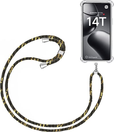 Telefoonkoord + Hoesje Geschikt voor Xiaomi 14T - Lengte Verstelbaar - Telefoonketting - Shock Proof Case - Zwart Goud