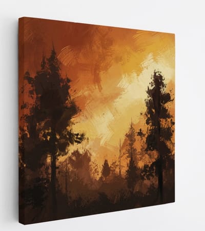 Saammp Canvas Schilderij - Oranje- Bomen - Abstract - Landschap - Natuur - 20x20 - Foto op canvas - Wanddecoratie - Muurdecoratie Woonkamer - Slaapkamer decoratie - Canvas Print