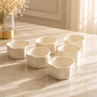 Mevaz Snackbowls Set van 6 – 210 ml – Wit Keramiek – Dipschaaltjes – Kommetjes voor Snacks, Tapas & Sauzen – Modern Design
