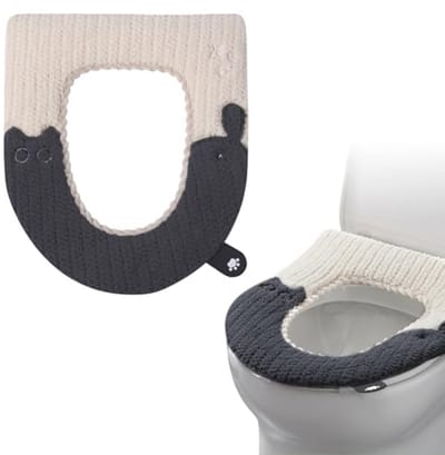 Verwarmde toiletbril met handvat en schattige katprint - Wasbare universele wc-stoelhoes (zwart)