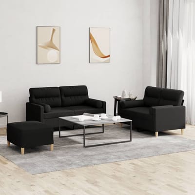 vidaXL - 3-delige - Loungeset - met - kussens - stof - zwart