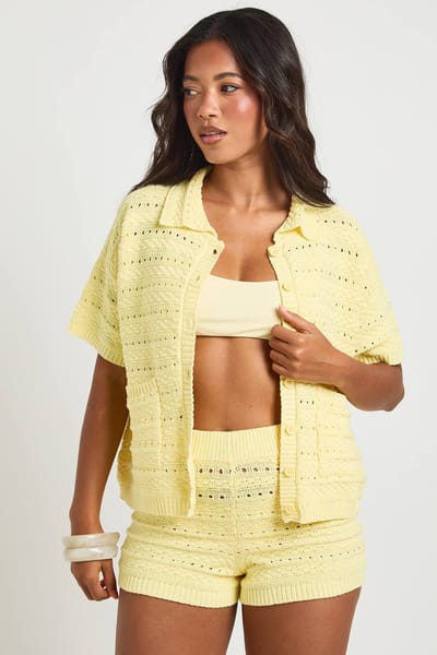 boohoo Dames Gehaakte Gebreide Shirt En Short Set | Boter | Maat: Large