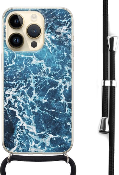 Hoesje met koord - Geschikt voor iPhone 14 Pro - Oceaan - Verstelbaar zwart koord - Transparant, Blauw - Natuur - Leuke Telefoonhoesjes