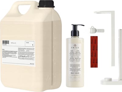 PRIJA Badkamerset: witte flessenhouder, hydraterende crème 380ml + 5l navulling
