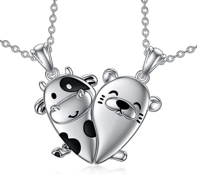 Bixorp Friends BFF Ketting voor 2 met Koe en hond - Magnetisch - Zilverkleurig - Koppel Cadeau