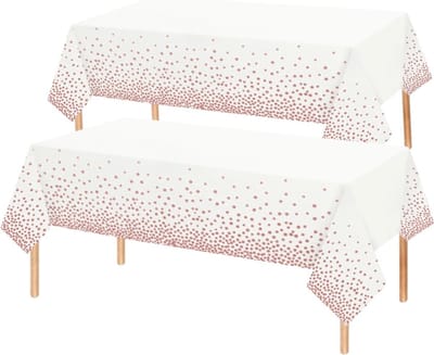 2x Tafelkleed Laken Verjaardag Versiering Tafeldecoratie Feest Wit/Rosegoud Stippen Tafellaken Plastic Tafelzeil 274*137cm