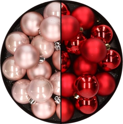 32x stuks kunststof kerstballen mix van lichtroze en rood 4 cm - Kerstversiering