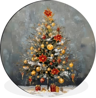 WallCircle - Wandcirkel - Muurcirkel - Kerstboom - Cadeaus - Rood - Goud - Aluminium - Dibond - 30x30 cm - Binnen en Buiten