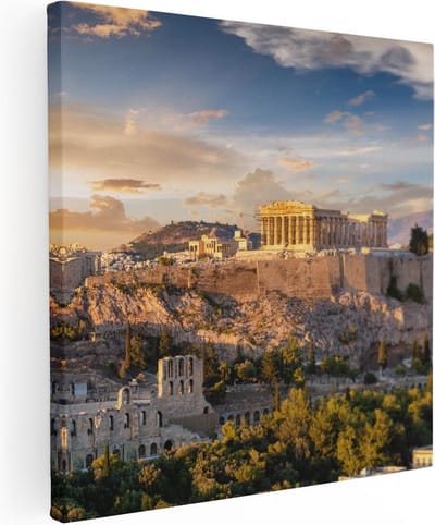 Artaza Canvas Schilderij Akropolis - 30x30 cm - Klein - Wanddecoratie Griekenland - Muurdecoratie Stad - Kamer Accessoires Zonsondergang