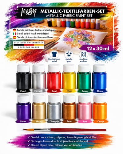Bastelzone Metallic Textielverf Set - 12 metallic kleuren, 30 ml per flesje - Machinewasbaar