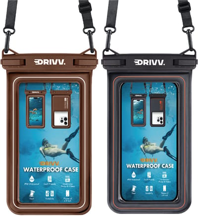 Drivv. Luxe Waterdicht Telefoonhoesje - Set van 2 – Drijvend - Dubbele Klipsluiting - Telefoons tot 6.8 inch – Onderwater Hoesje Telefoon - Zwart & Bruin