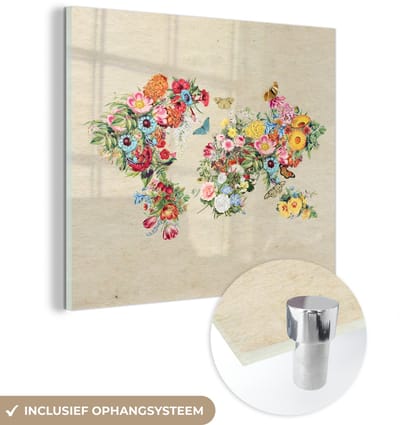 ® Glasschilderij 20x20 cm - Schilderij acrylglas - Wereldkaart - Bloemen - Vlinder - Bruin papier - Foto op glas - Muurdecoratie woonkamer - Wanddecoratie slaapkamer - Schilderijen