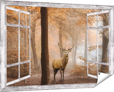 Gards Tuinposter Doorkijk Hert in het Bos - Herfst - 150x100 cm - Tuindoek - Tuindecoratie - Wanddecoratie buiten - Tuinschilderij