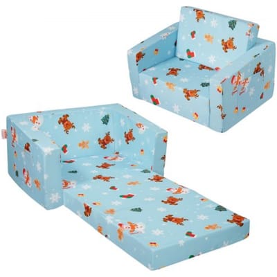 VEVOR Kinderbank 2-in-1 Omvormbare Kinderbank naar Relaxfauteuil, Uitklapbare Kinderbank Fauteuil, Peuter Armleuning Stoel Bed, Opklapbare Kinderspeelbank, met Kerstpatroon