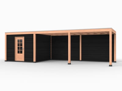 Douglas overkapping, 900 x 300, met achterwand en schuur, Westwood Elegant Plus zwart