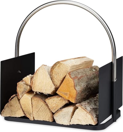 Haardhoutopslag - Houtopberging metaal vernikkelde greep - houtopslag voor binnen - HxBxD 43.5 x 40.5 x 30 cm - zwart