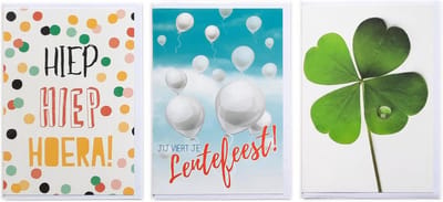 3 Wenskaarten – Lentefeest + Hiep Hiep Hoera + Klavertje 4 – 12 x 17 cm – LEN-302
