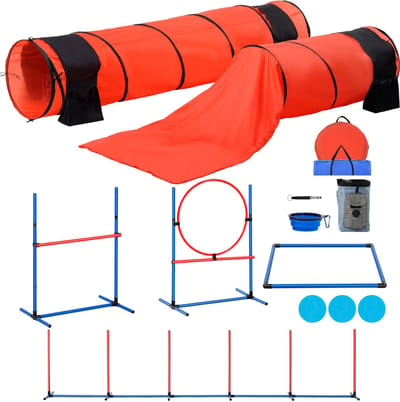Hondentrainingsset voor behendigheid, verbeterde 7-delige set met verstelbare hoge hordes, 6 weave poles, 2 tunnels, springring, pauzekooi, 3 frisbees, fluitje
