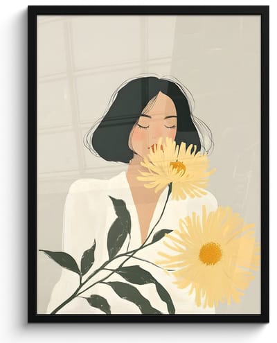 Poster in lijst - Fotolijst 50x70 cm - Posters - Vrouw - Bloem - Geel - Minimalistisch - Posterlijst zwart - Decoratie - Wanddecoratie woonkamer - Muurdecoratie slaapkamer