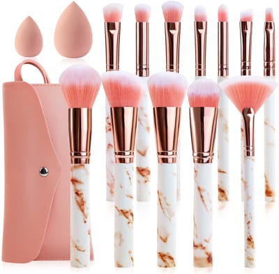 Dailygoods- Make-upkwastenset 12-delig - Professionele Roze Marmeren Borstels - Mengsponzen - Reiszakje - Veganistisch - Luxe Handgrepen - Make-upborstels