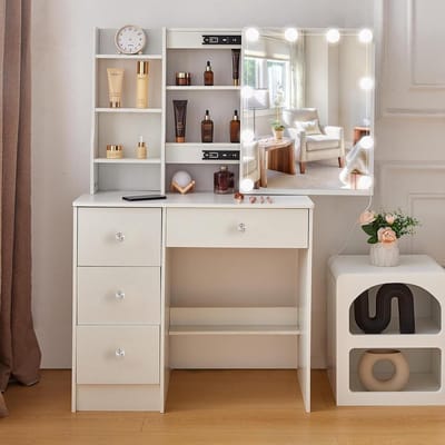 Make-uptafel met Verlichting - Kaptafel Schminktafel - Snel Klaarmaken - 12 Opbergoplossingen - 80 x 36 x 130 cm - Wit