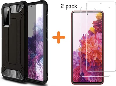 Hoesje Geschikt Voor Samsung Galaxy S20 FE 2022 Hoesje - rugged Armor Hybride case Zwart - Galaxy S20 FE screenprotector 2 pack Glazen tempered glass