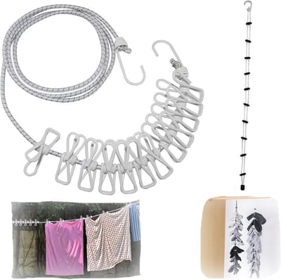 Dailygoods- Waslijn Uittrekbaar 1,8m - Draagbare Campingwaslijn - 12 Wasknijpers - Multifunctionele Waslijn - Inclusief Opbergzak - Eenvoudige Installatie - Reiswaslijn