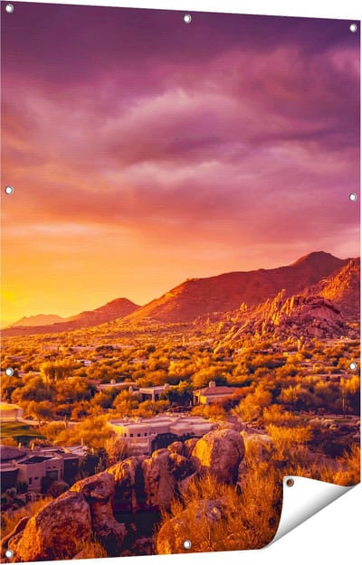 Gards Tuinposter Woestijn Landschap met Zonsondergang - 90x120 cm - Tuindoek - Tuindecoratie - Wanddecoratie buiten - Tuinschilderij