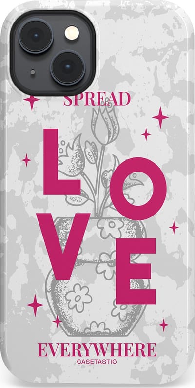 Casetastic hoesje geschikt voor Apple iPhone 14 Plus - MagSafe - Dubbellaagse bescherming - Spread Love Everywhere - Grijs Roze - Valentijn - Valentine - Fashion Case - Lichtgrijs Wit Roze