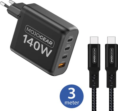 MOJOGEAR CHARGE+ 140 Watt oplader met USB-C naar USB-C kabel 3 meter — Geschikt voor laptops, smartphones en tablets —Inclusief extra lange kabel — 4 apparaten tegelijk opladen — Zwart