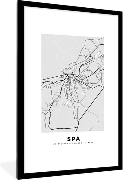 Fotolijst incl. Poster Zwart Wit- België – Spa – Stadskaart – Kaart – Zwart Wit – Plattegrond - 80x120 cm - Posterlijst