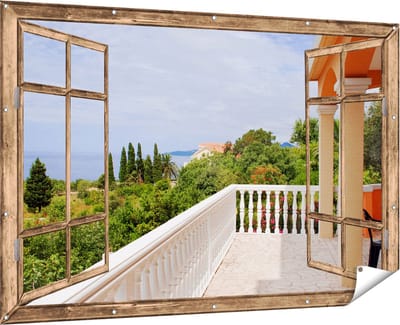 Gards Tuinposter Doorkijk Terras in Toscane - 180x120 cm - Tuindoek - Tuindecoratie - Wanddecoratie buiten - Tuinschilderij