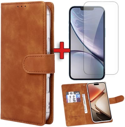 Casemania Hoesje & Glas Geschikt voor Apple iPhone 16e - Bruin - Kunstleer Portemonnee Book Case - Glazen Screenprotector