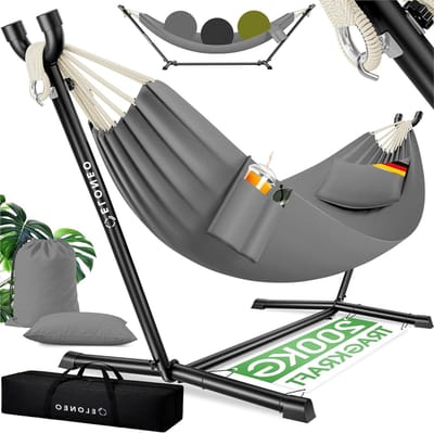 Hangmat met Standaard - Dubbele Hangmat - Buiten Ontspannen - Inclusief Kussen en Tas - 200 kg - Grijs