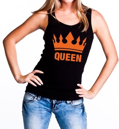 Zwart Queen tanktop / mouwloos shirt met oranje kroon - Koningsdag kleding S