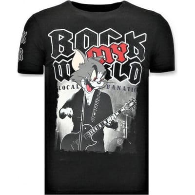 Funny T-Shirt Mannen- Rock My World Cat - Zwart