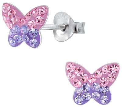 Joy|S - Zilveren vlinder oorbellen - 9 x 7 - roze met paars kristal