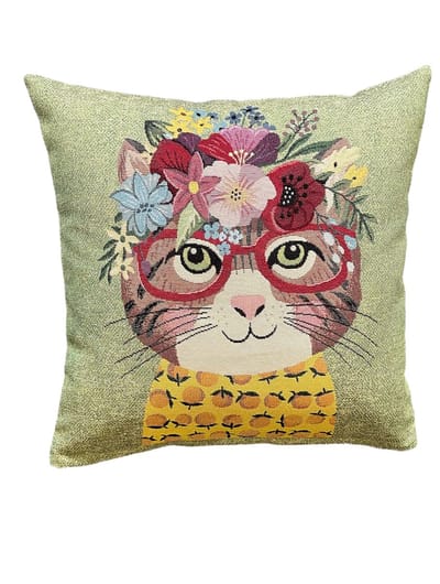 Kussenhoes - Gobelinstof - Kat in Frida Kalho stijl - Groene achtergrond- Ella - 45 x 45 cm