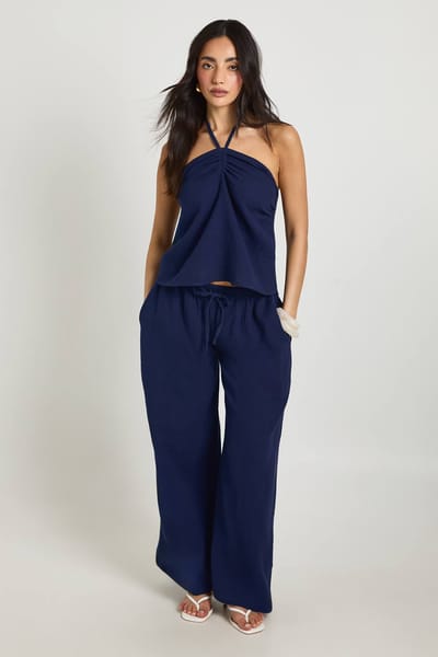 boohoo Dames Kaaslinnen Halternek Bandeau & Wijde Pijpen Broek Co-ord | Marineblauw | Maat: 44