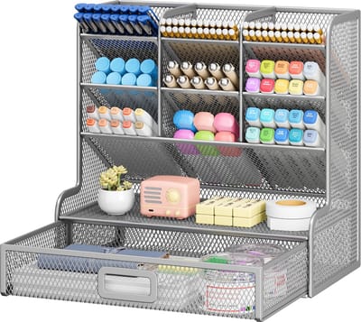 Bureau-organizer met laden, pennenhouder, multifunctionele bureau-organizer, pennenorganizer, opbergrek, metalen mesh, bureau-organizer met lade