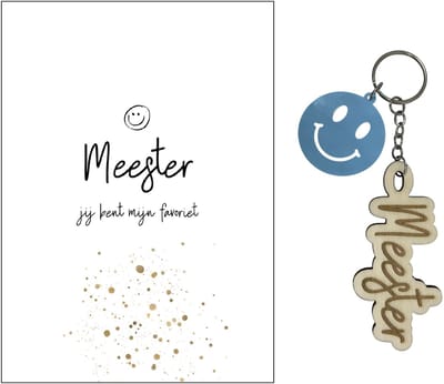 Sleutelhanger en kaartje MEESTER | blauw | smiley | jij bent de coolste | liefste meester | topmeester | einde schooljaar | cadeau